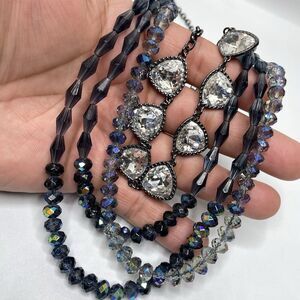 Gunmetal Tone All Glass Beaded Rhinestone Layered Statement Necklace Bold